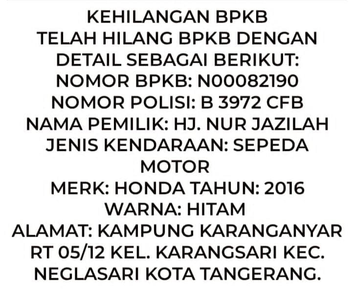 KEHILANGAN BPKB
